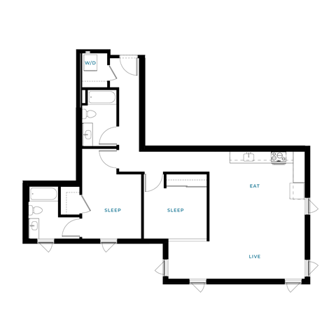 Floor plan for 2 beds, 2 baths, 923 sqft